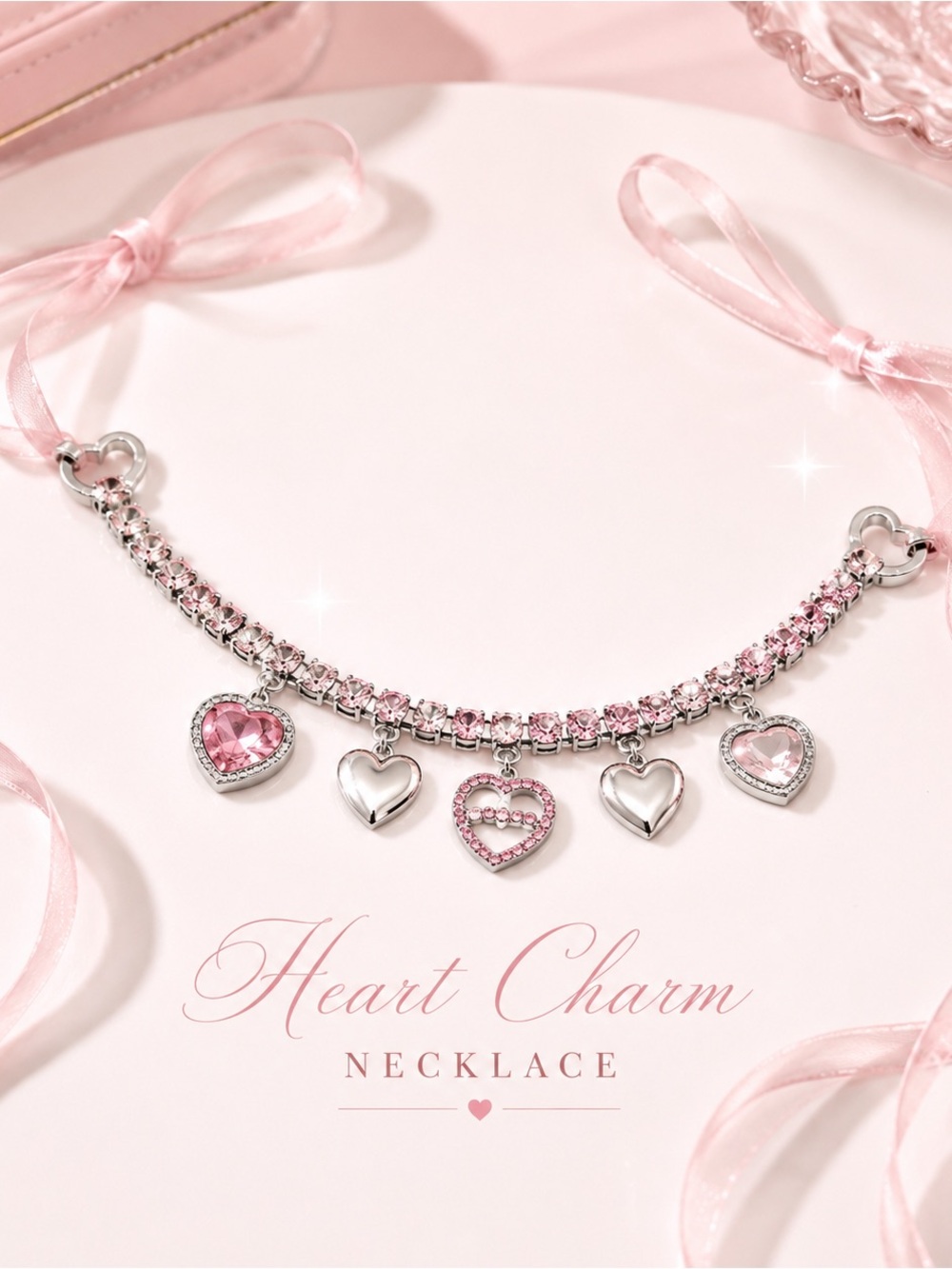 Claire's Pink and Silver Heart Charm Necklace